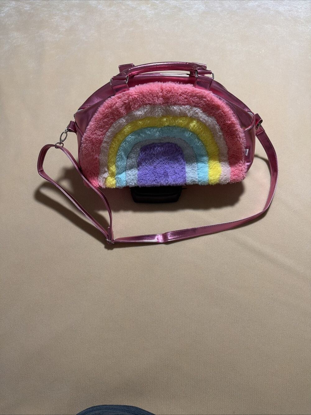 More Than Magic Rainbow Weekender Bag Furry Faux Fur Metallic Pink Kids